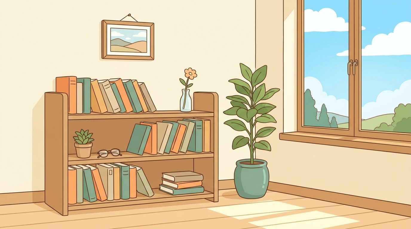 明るい部屋の本棚と観葉植物。大きな窓の外に青空と丘が見える